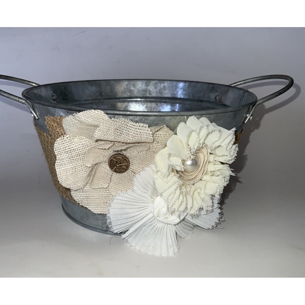 Shabby‎ Cottage Chic Tin Metal Planter Bucket Basket Boho Burlap Ivory Florals